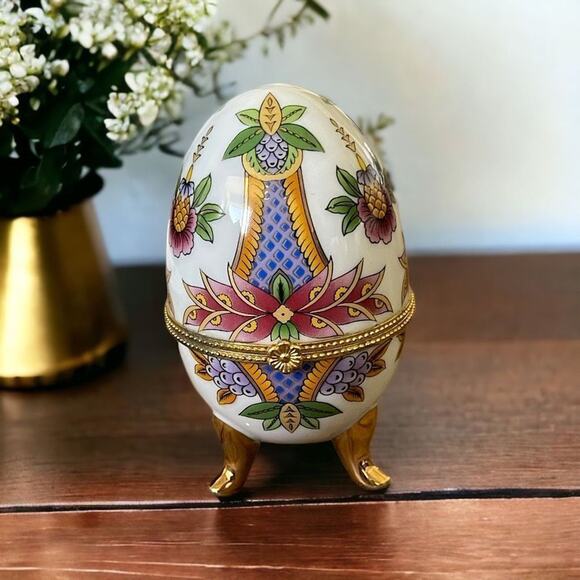 Porcelain Faberge Style Hand Painted Egg Trinket Box Unique Gift Jewelry Holder - Picture 9 of 9